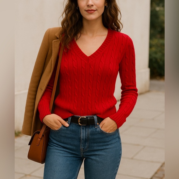 Loft Red wool Christmas v-neck sweater, size XS - Picture 1 of 8